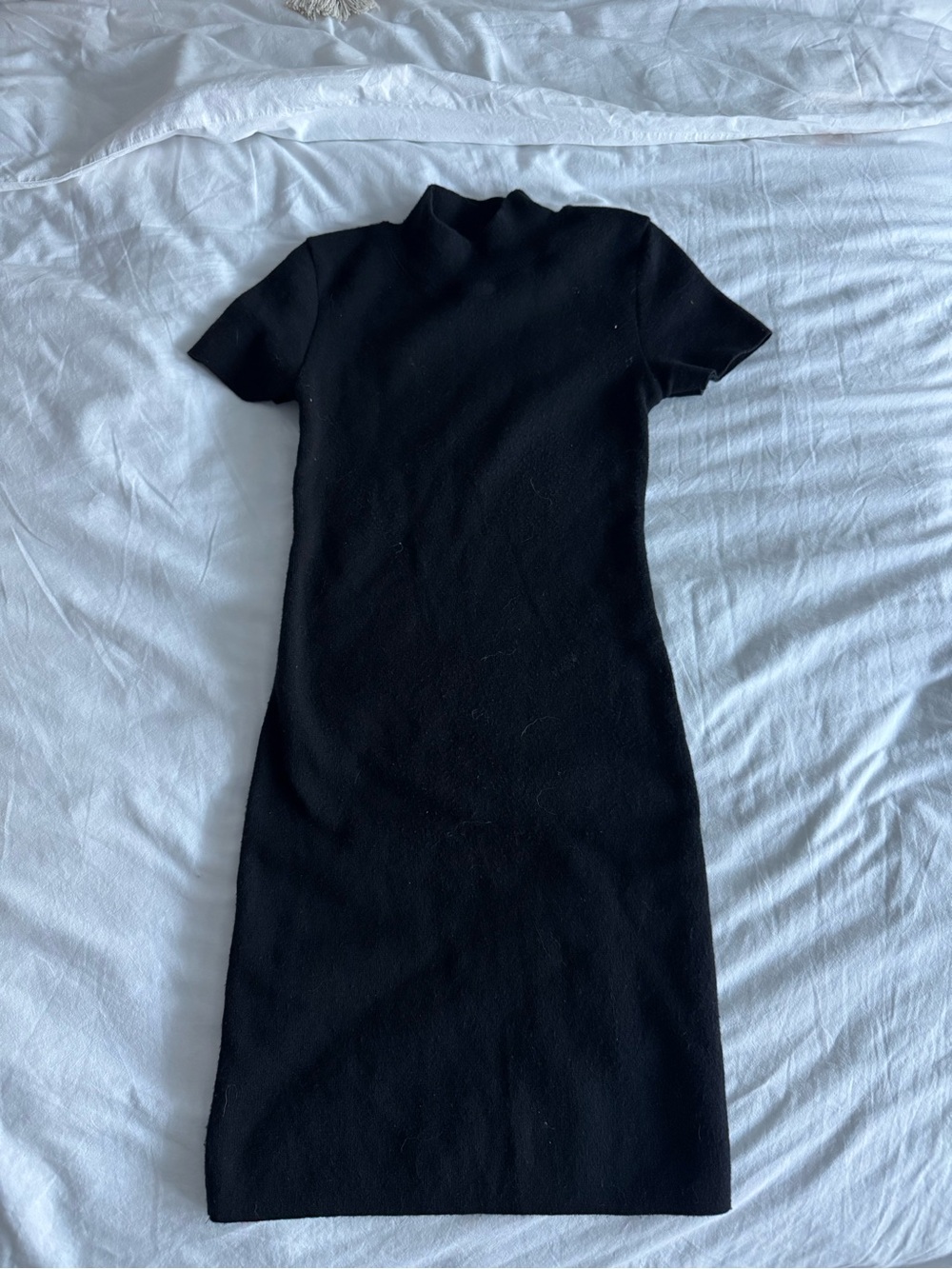 Zara Black Short-Sleeve Midi Knit Dress with Mock Neck
